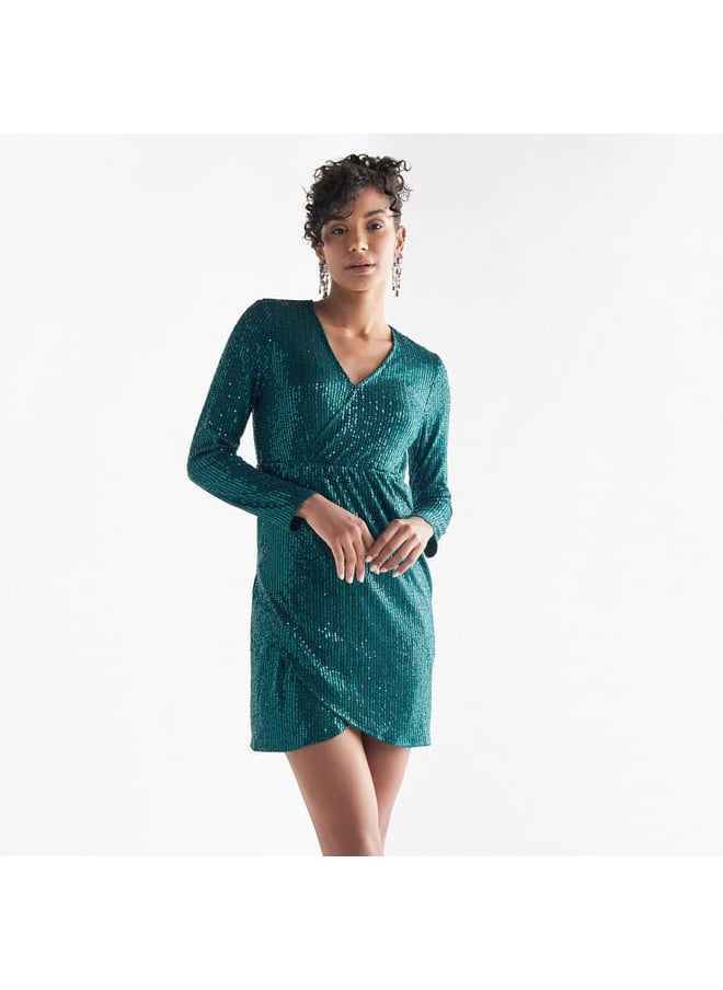 All-Over Embellished V-neck Dress with Long Sleeves