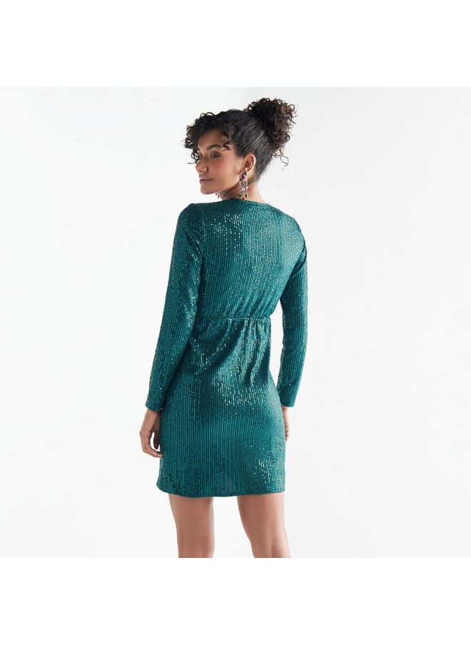 All-Over Embellished V-neck Dress with Long Sleeves