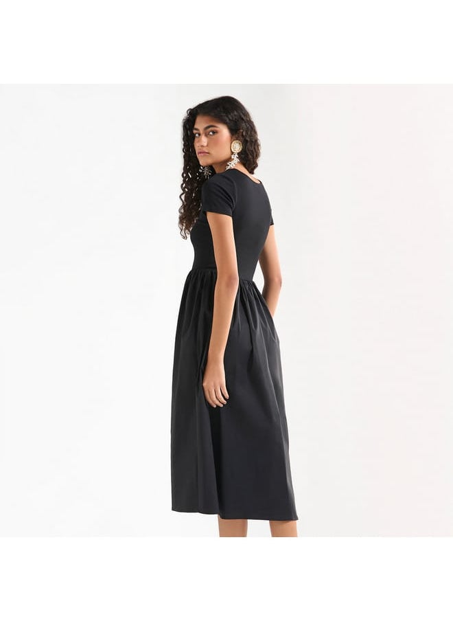 Solid Midi A-line Dress with Short Sleeves and Pocket