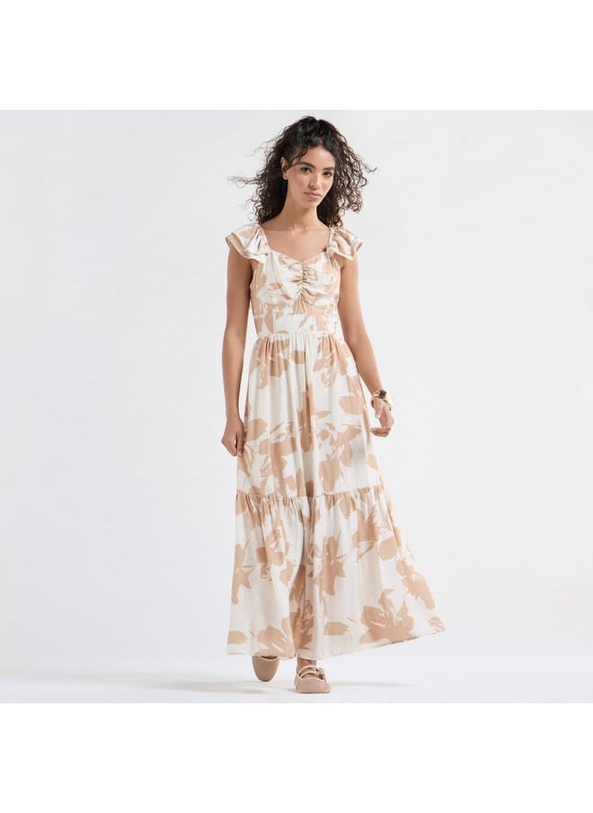 Printed Maxi Dress with Sweetheart Neck and Ruffle Sleeves