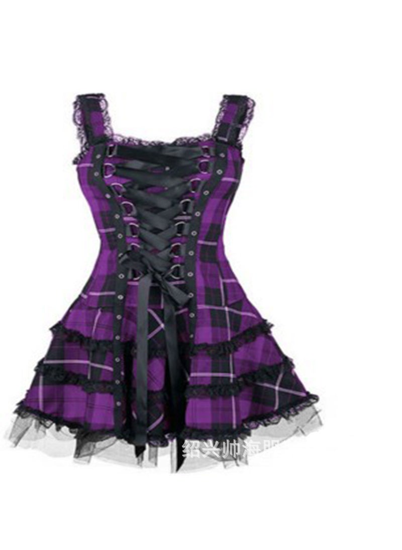 Cross-border Hot Womens New Plaid Printed Lace Dress with Lace Lock and Lace-up Sleeveless Mesh Skirt Black