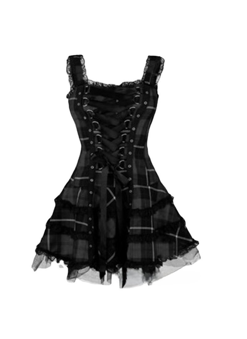 Cross-border Hot Womens New Plaid Printed Lace Dress with Lace Lock and Lace-up Sleeveless Mesh Skirt Black