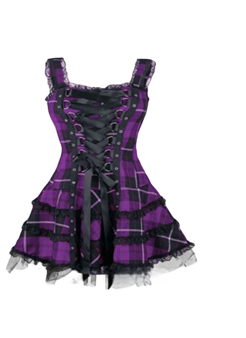 Cross-border Hot Womens New Plaid Printed Lace Dress with Lace Lock and Lace-up Sleeveless Mesh Skirt Black