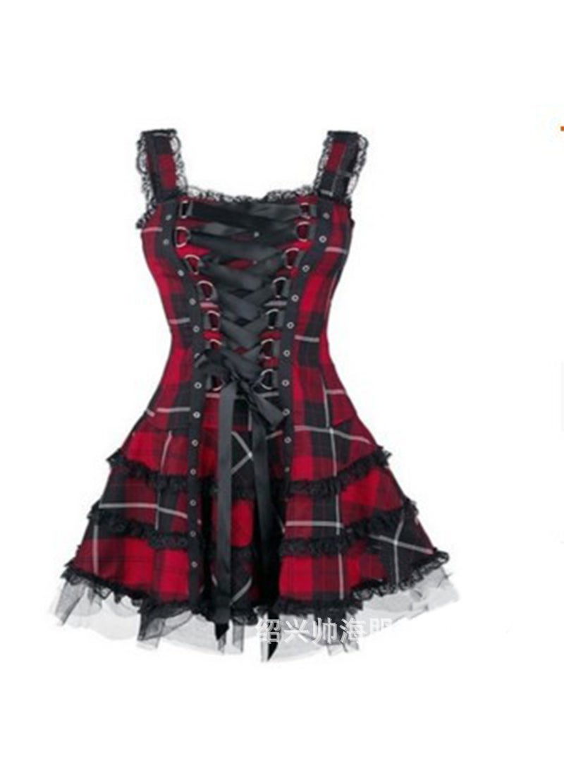 Cross-border Hot Womens New Plaid Printed Lace Dress with Lace Lock and Lace-up Sleeveless Mesh Skirt Black