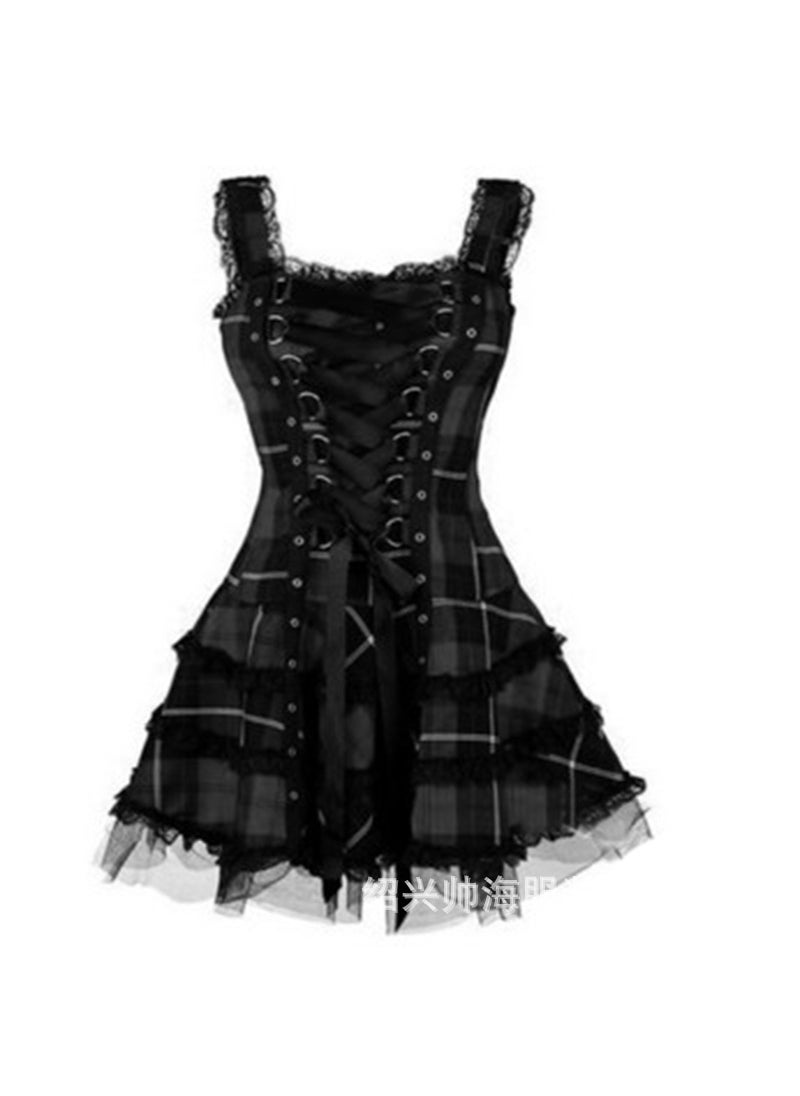 Cross-border Hot Womens New Plaid Printed Lace Dress with Lace Lock and Lace-up Sleeveless Mesh Skirt Black