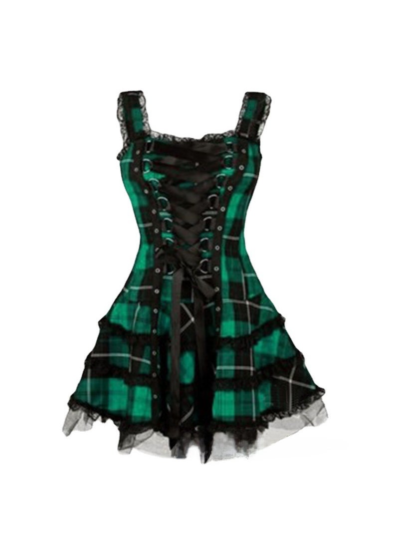 Cross-border Hot Womens New Plaid Printed Lace Dress with Lace Lock and Lace-up Sleeveless Mesh Skirt Black