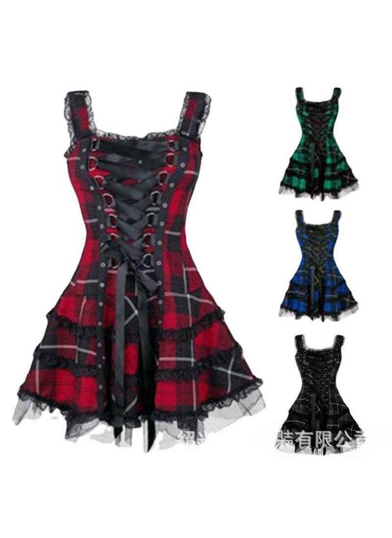 Cross-border Hot Womens New Plaid Printed Lace Dress with Lace Lock and Lace-up Sleeveless Mesh Skirt Red