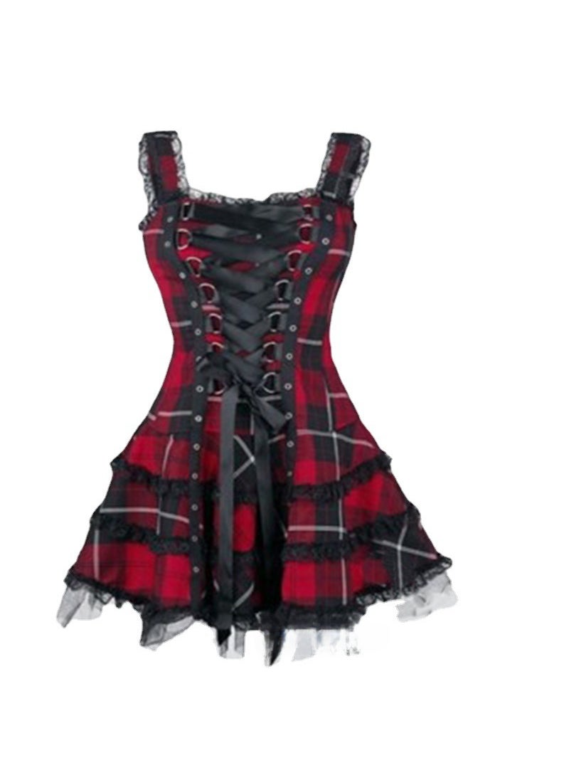 Cross-border Hot Womens New Plaid Printed Lace Dress with Lace Lock and Lace-up Sleeveless Mesh Skirt Red