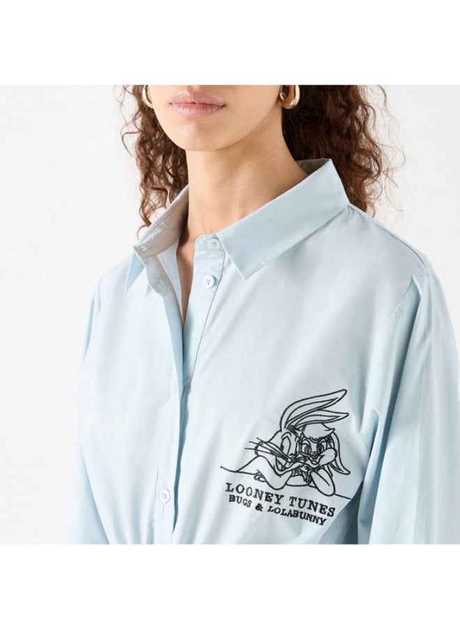 Looney Tunes Shirt Dress with Long Sleeves and Drawstring Tie-Ups