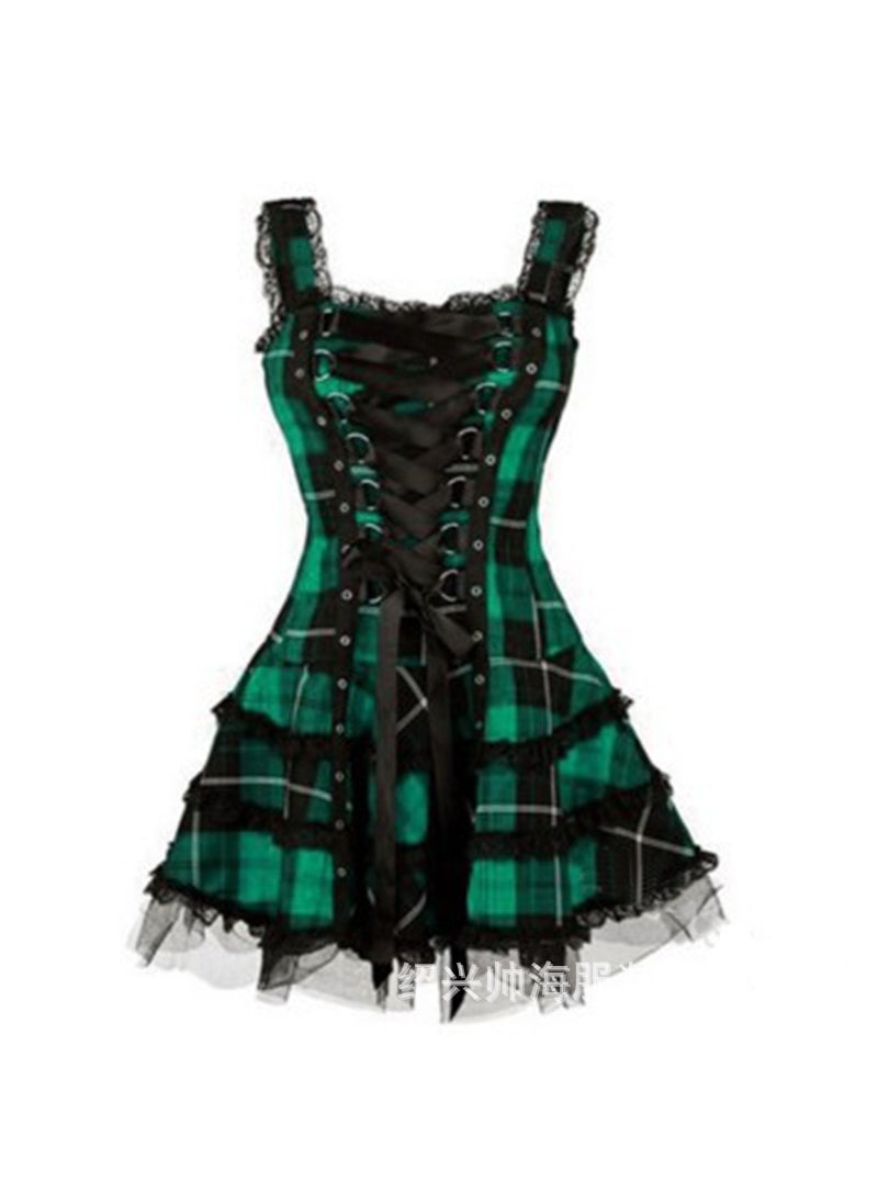 Cross-border Hot Womens New Plaid Printed Lace Dress with Lace Lock and Lace-up Sleeveless Mesh Skirt Green