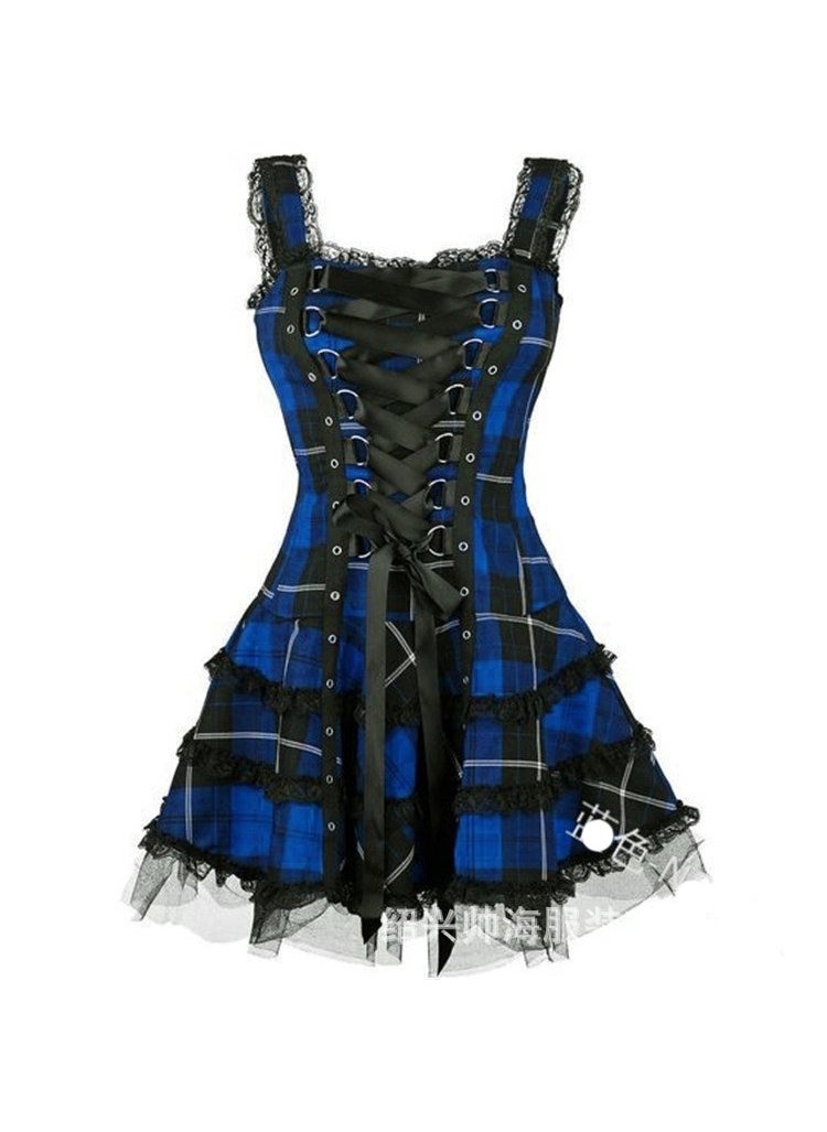 Cross-border Hot Womens New Plaid Printed Lace Dress with Lace Lock and Lace-up Sleeveless Mesh Skirt Blue