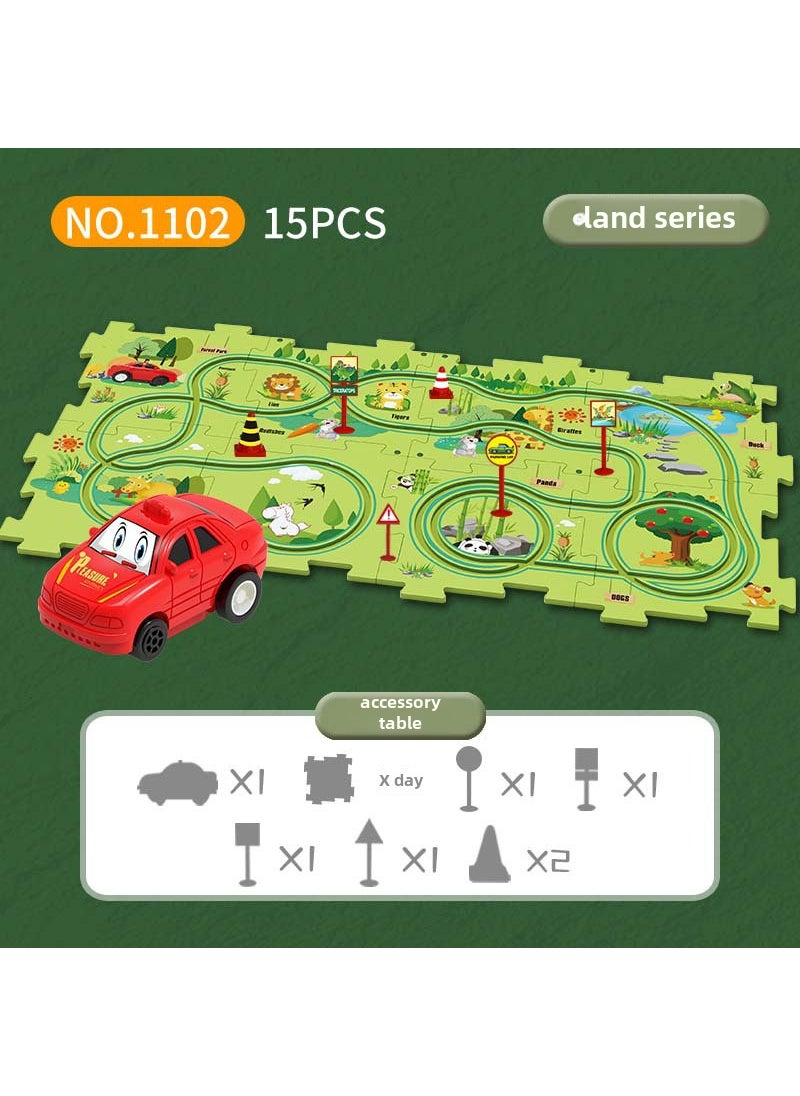 DIY Multifunctional Puzzle Car Toy for Boys 3-61102B [15PCs] land forest theme -- 8 puzzles +4 road signs +2 obstacles +1 car 1102B [15PCs] land forest theme -- 8 puzzles +4 road signs +2 obstacles +1 car