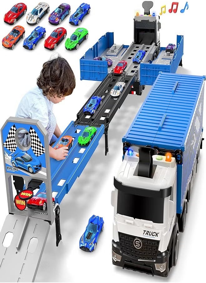 Race Car Track Toy Truck Toy with Slots & Foldable Race Tracks Transport Car Carrier Toy for Toddlers Cars Toy Set Container Truck Toy with 8 Alloy Cars Vehicles Toy Set for 3+ Kids Boys Girls