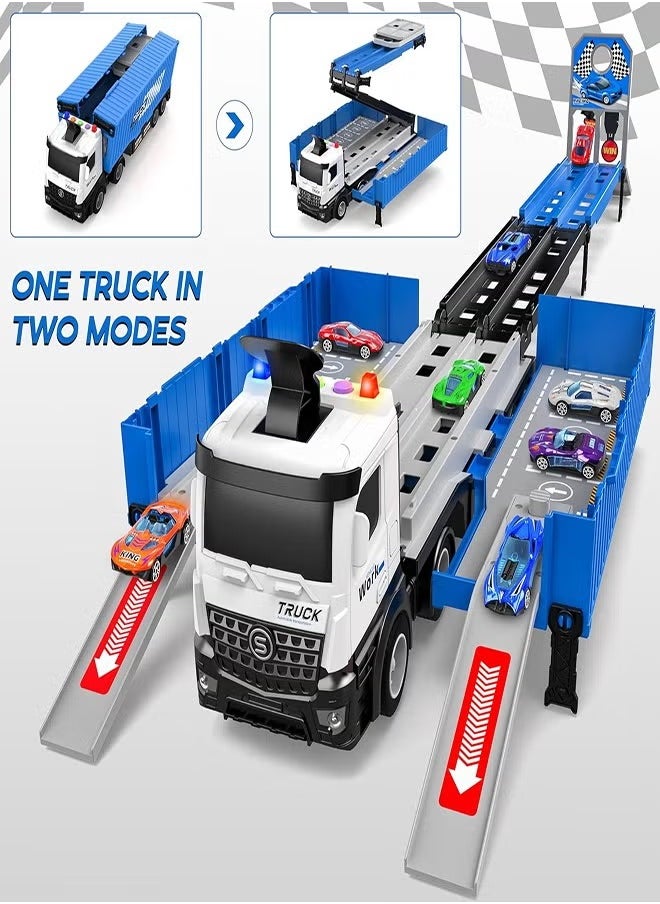 Race Car Track Toy Truck Toy with Slots & Foldable Race Tracks Transport Car Carrier Toy for Toddlers Cars Toy Set Container Truck Toy with 8 Alloy Cars Vehicles Toy Set for 3+ Kids Boys Girls