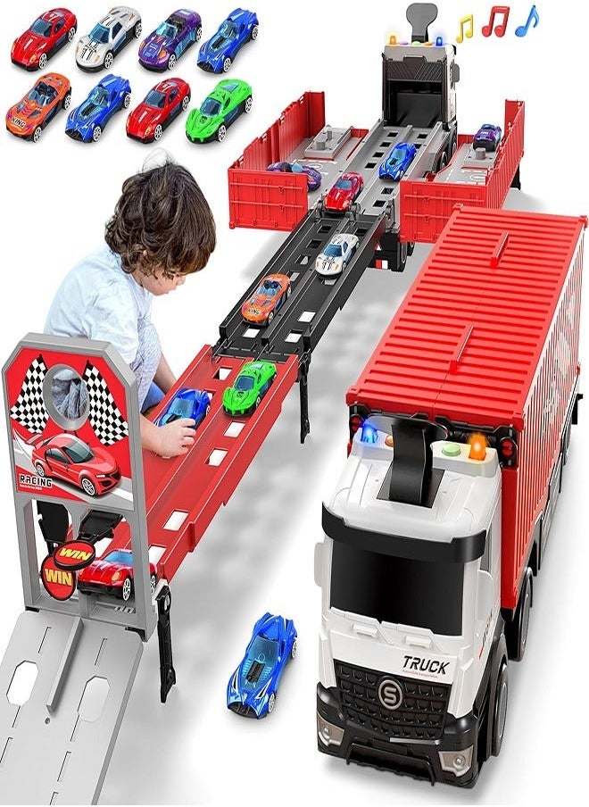 Race Car Track Toy Truck Toy with Slots & Foldable Race Tracks Transport Car Carrier Toy for Toddlers Cars Toy Set Container Truck Toy with 8 Alloy Cars Vehicles Toy Set for 3+ Kids Boys Girls