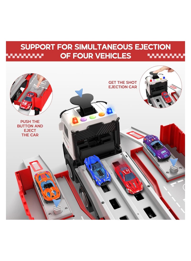 Race Car Track Toy Truck Toy with Slots & Foldable Race Tracks Transport Car Carrier Toy for Toddlers Cars Toy Set Container Truck Toy with 8 Alloy Cars Vehicles Toy Set for 3+ Kids Boys Girls