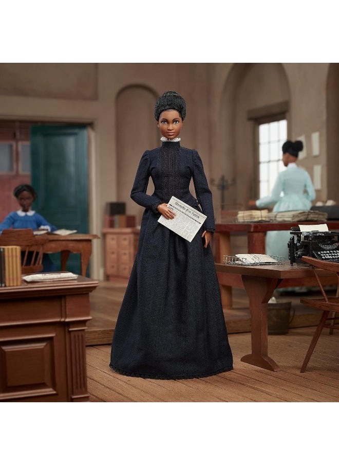 Barbie Ida B. Wells Inspiring Women Doll Wearing Blue Dress, with Newspaper Accessory, Gift for Collectors and Kids Ages 6 Years Old & Up