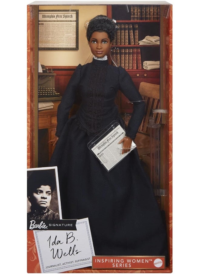 Barbie Ida B. Wells Inspiring Women Doll Wearing Blue Dress, with Newspaper Accessory, Gift for Collectors and Kids Ages 6 Years Old & Up