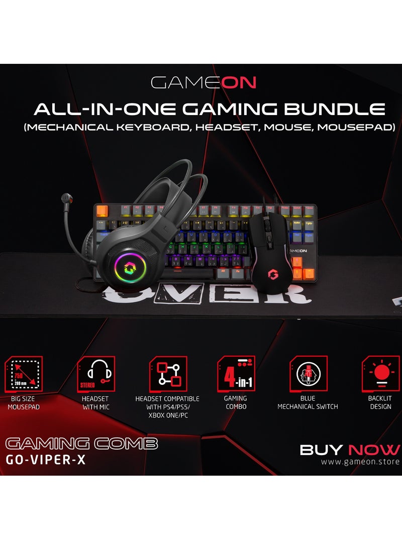 VIPER X All In One Gaming Bundle Mechanical Keyboard Headset Mouse And Mousepad RGB Backlit USB Connectivity For PC Gamers Multicolour