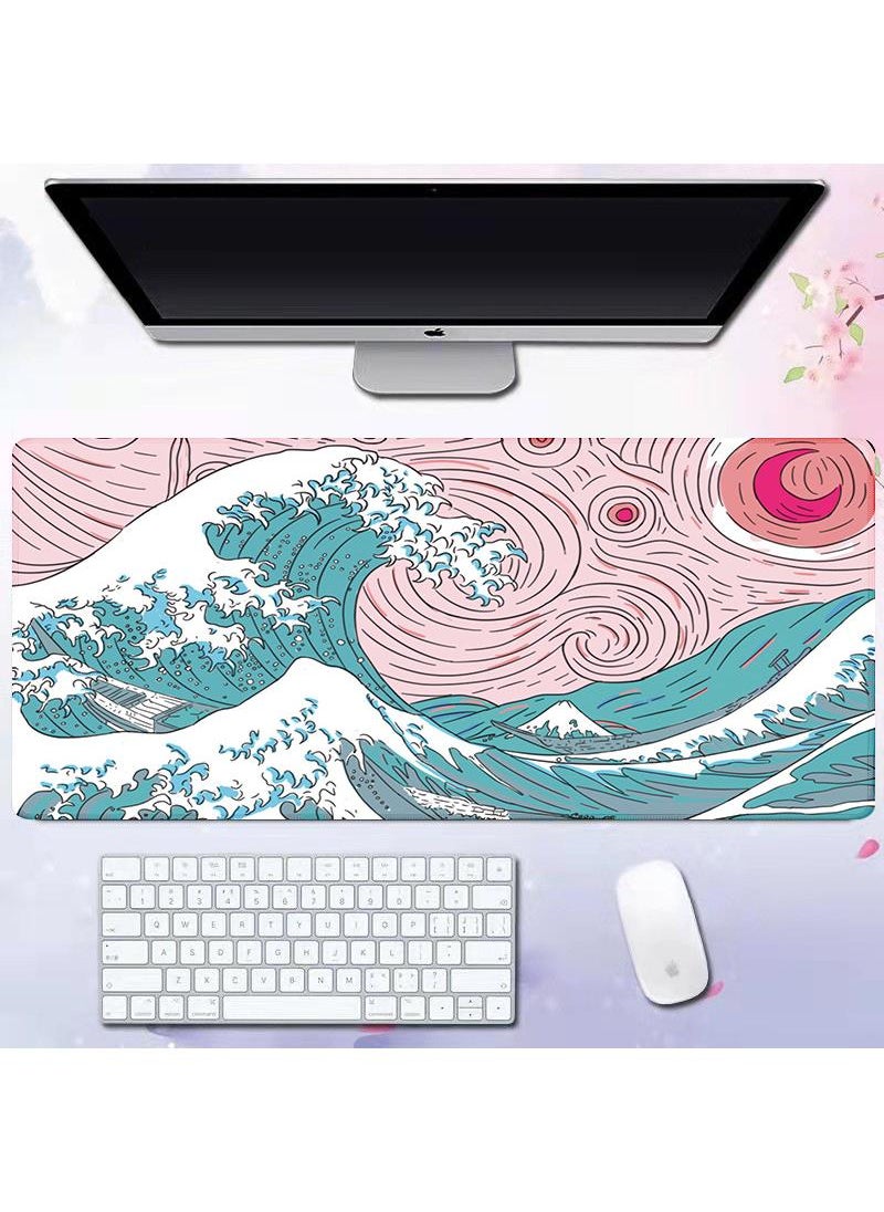 Sea Wave Pattern For Esports Games Gaming Mouse Pad Extended Large Mat Desk Pad Stitched Edges Mousepad Long Mouse Pad And Non-Slip Rubber Base Mice Pad 800X300X4mm