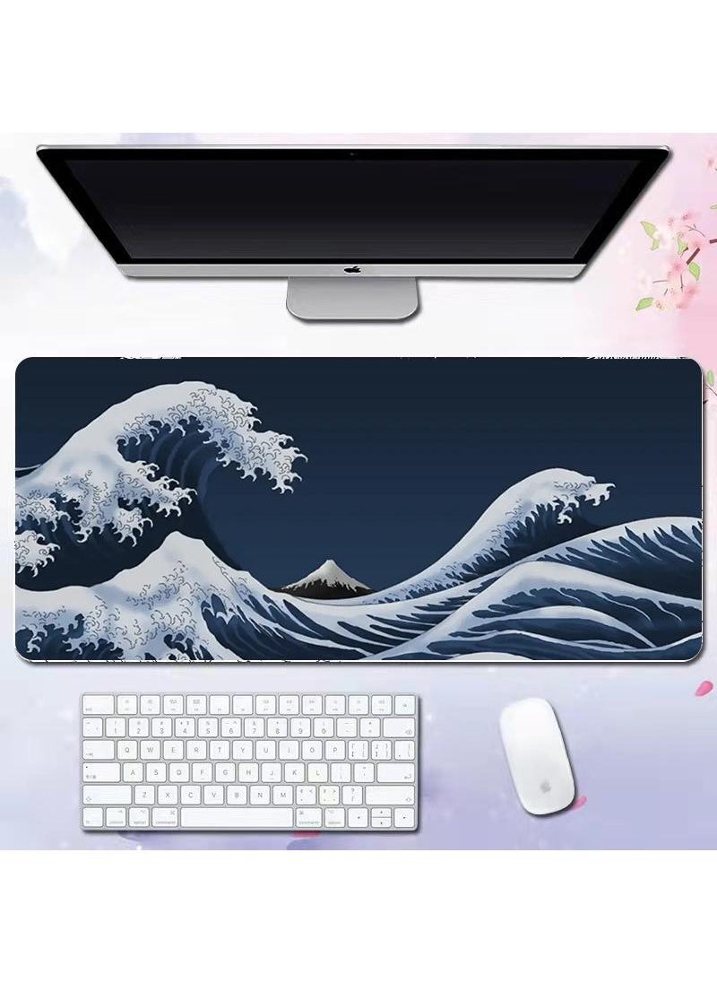 Sea Wave Pattern For Esports Games Gaming Mouse Pad Extended Large Mat Desk Pad Stitched Edges Mousepad Long Mouse Pad And Non-Slip Rubber Base Mice Pad 800X300X4mm