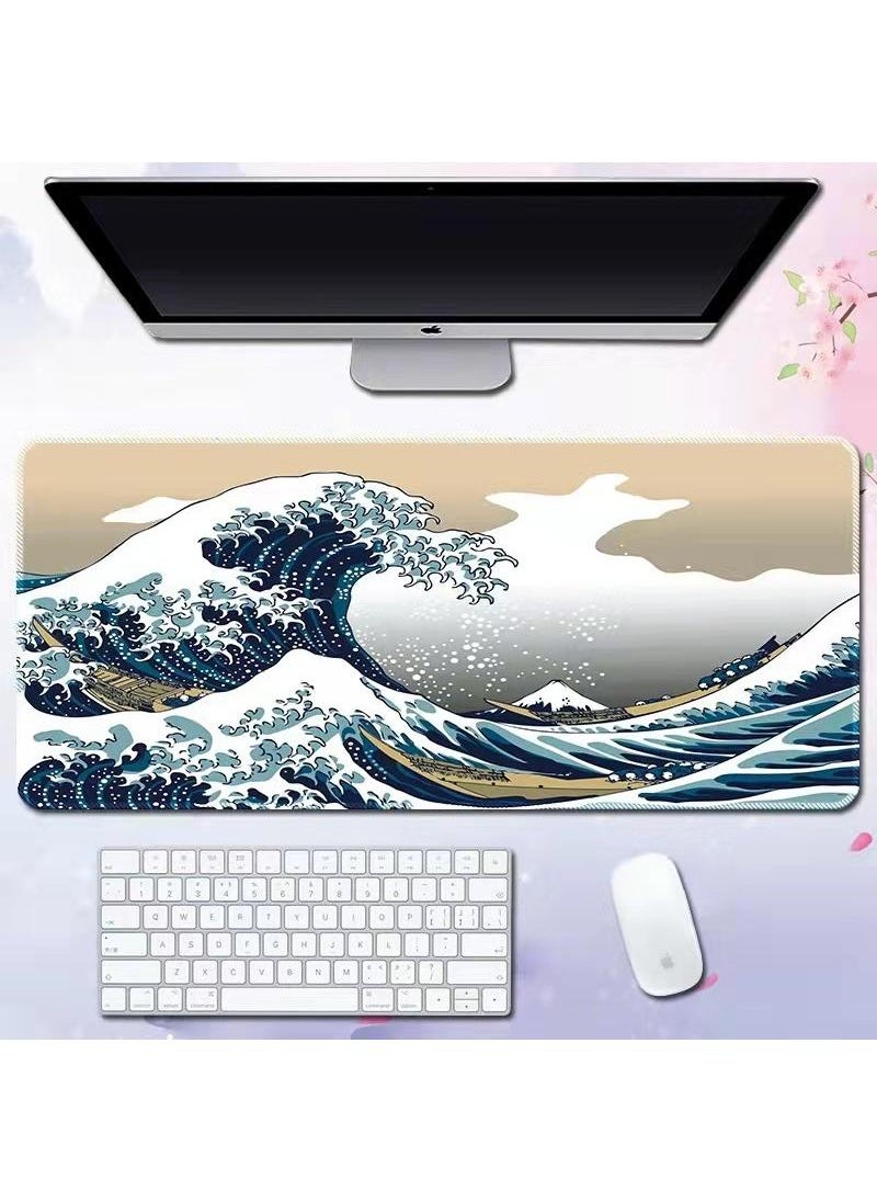 Sea Wave Pattern For Esports Games Gaming Mouse Pad Extended Large Mat Desk Pad Stitched Edges Mousepad Long Mouse Pad And Non-Slip Rubber Base Mice Pad 800X300X4mm