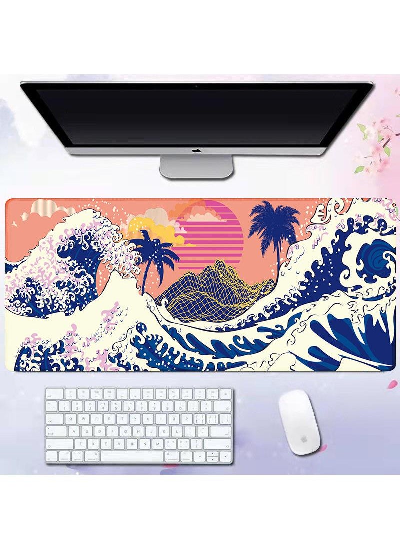 Sea Wave Pattern For Esports Games Gaming Mouse Pad Extended Large Mat Desk Pad Stitched Edges Mousepad Long Mouse Pad And Non-Slip Rubber Base Mice Pad 800X300X4mm