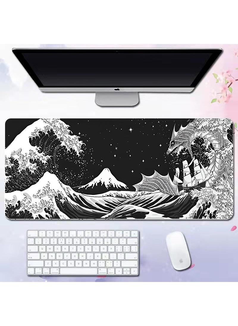 Sea Wave Pattern For Esports Games Gaming Mouse Pad Extended Large Mat Desk Pad Stitched Edges Mousepad Long Mouse Pad And Non-Slip Rubber Base Mice Pad 800X300X4mm