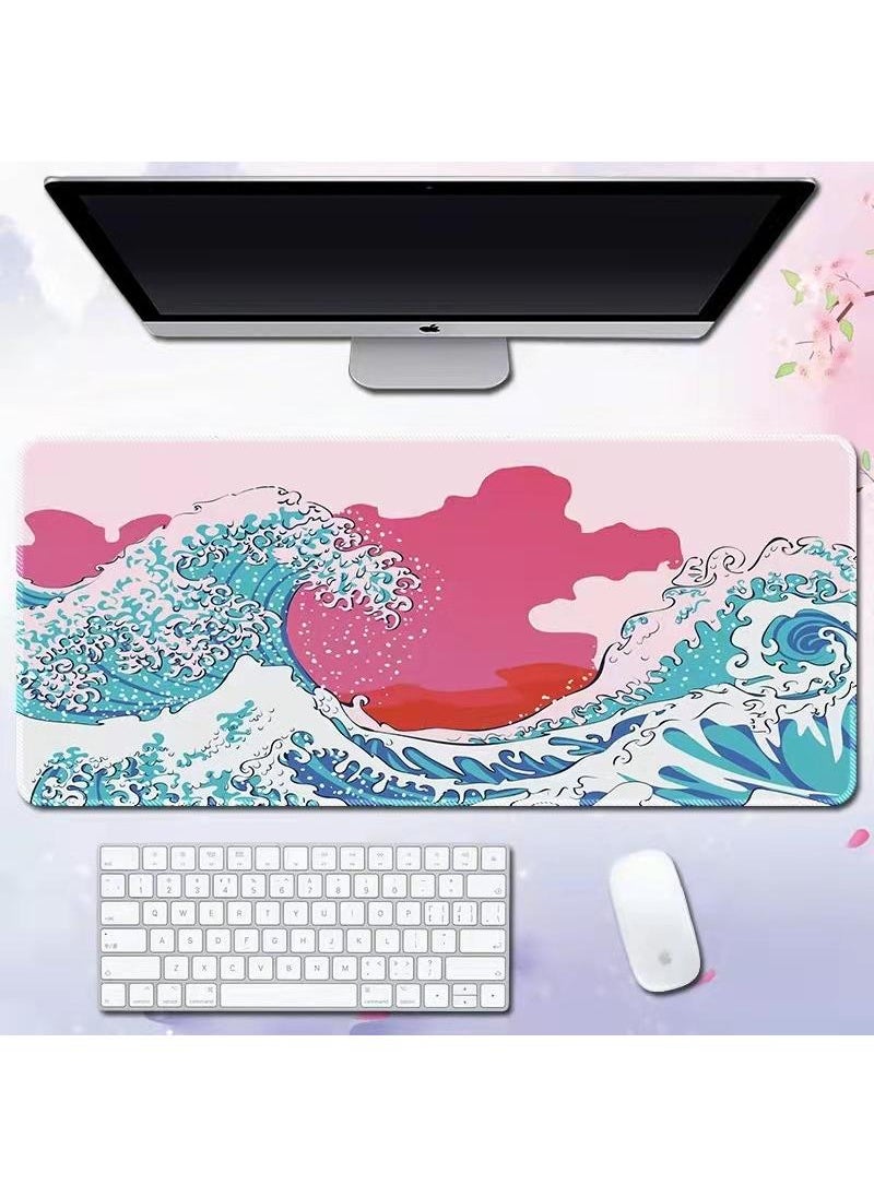 Sea Wave Pattern For Esports Games Gaming Mouse Pad Extended Large Mat Desk Pad Stitched Edges Mousepad Long Mouse Pad And Non-Slip Rubber Base Mice Pad 800X300X4mm