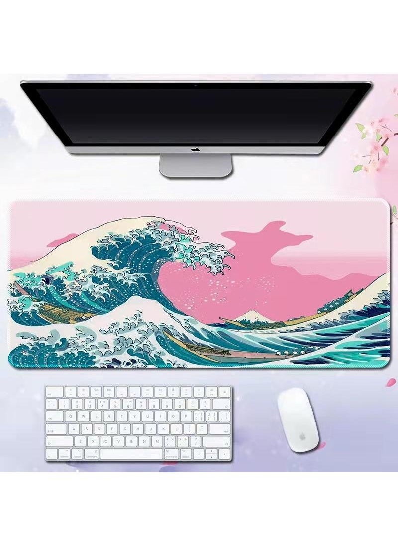 Sea Wave Pattern For Esports Games Gaming Mouse Pad Extended Large Mat Desk Pad Stitched Edges Mousepad Long Mouse Pad And Non-Slip Rubber Base Mice Pad 800X300X4mm