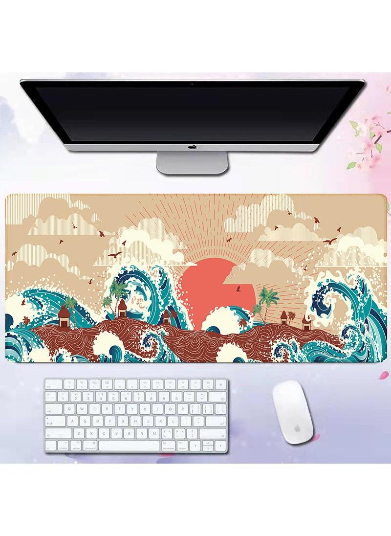 Sea Wave Pattern For Esports Games Gaming Mouse Pad Extended Large Mat Desk Pad Stitched Edges Mousepad Long Mouse Pad And Non-Slip Rubber Base Mice Pad 800X300X4mm