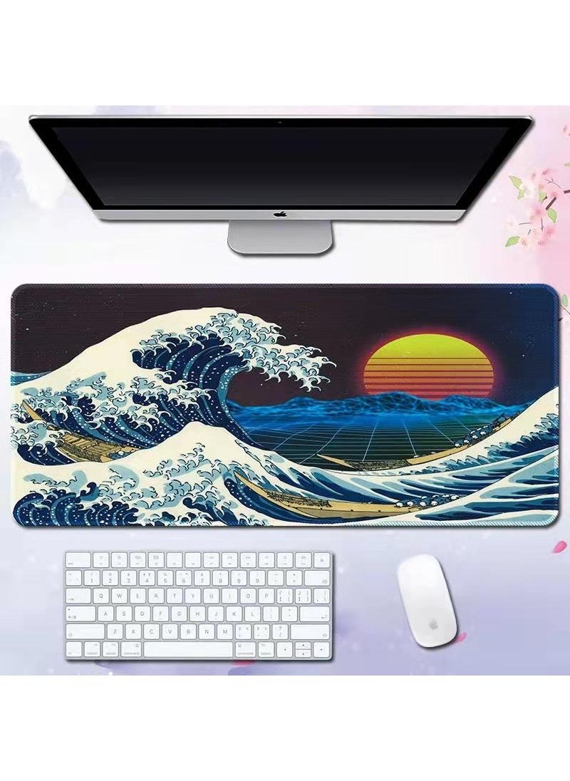 Sea Wave Pattern For Esports Games Gaming Mouse Pad Extended Large Mat Desk Pad Stitched Edges Mousepad Long Mouse Pad And Non-Slip Rubber Base Mice Pad 800X300X4mm