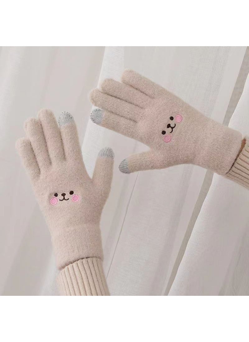 Cartoon Smiley Gloves Korean Style Girl Sweet Cute Winter Cold-proof Velvet Thickened Student Gloves Touch Screen Gloves Camel embroidery type