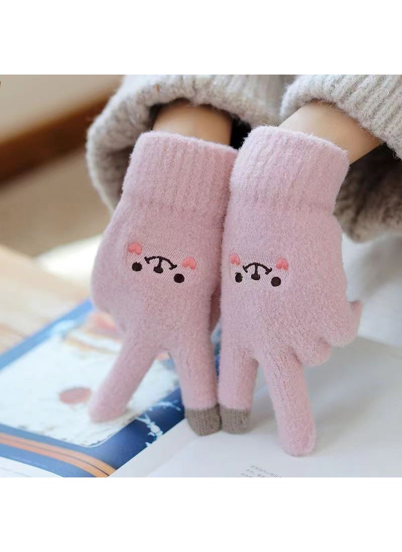 Cartoon Smiley Gloves Korean Style Girl Sweet Cute Winter Cold-proof Velvet Thickened Student Gloves Touch Screen Gloves Pink embroidery type