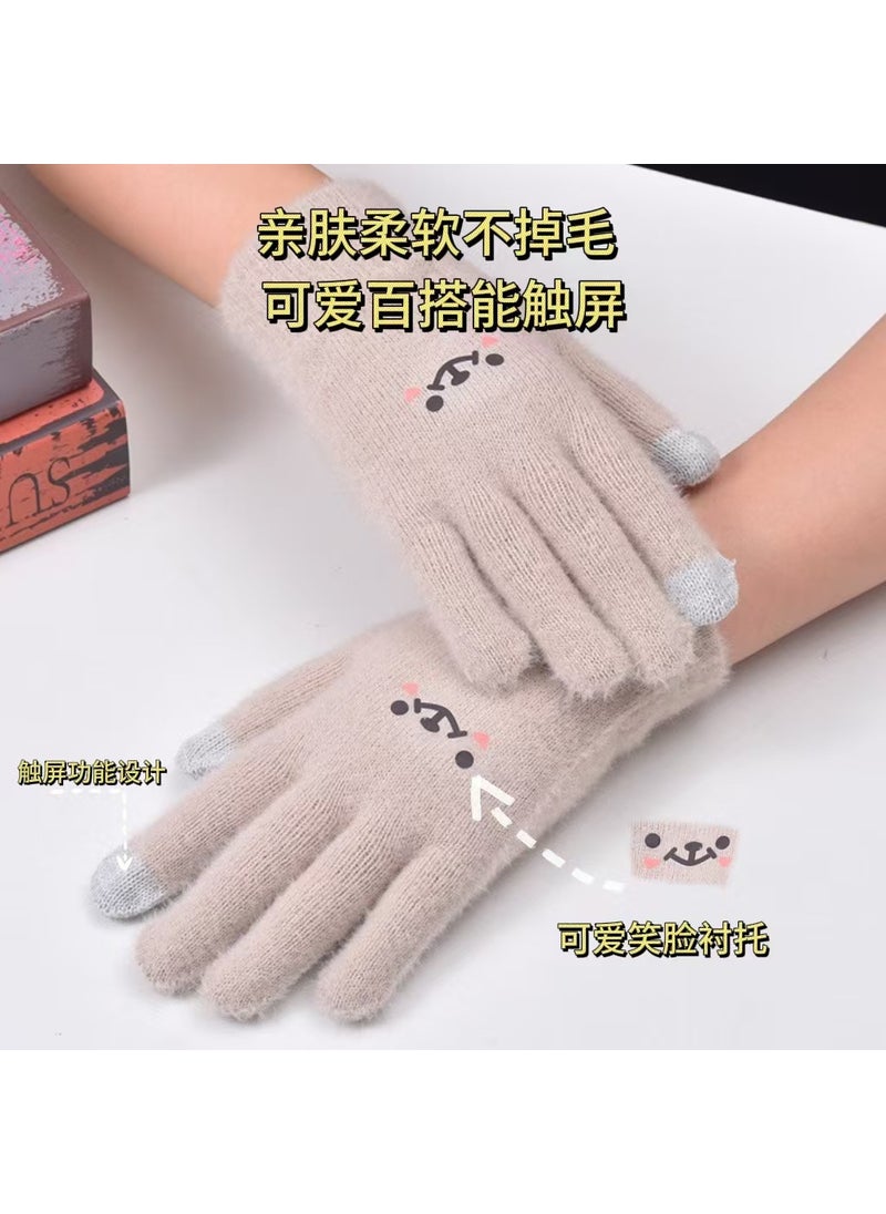 Cartoon Smiley Gloves Korean Style Girl Sweet Cute Winter Cold-proof Velvet Thickened Student Gloves Touch Screen Gloves Camel smiling style