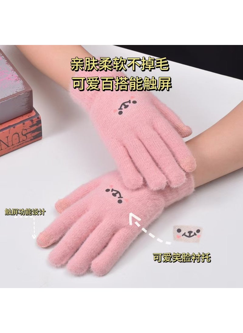 Cartoon Smiley Gloves Korean Style Girl Sweet Cute Winter Cold-proof Velvet Thickened Student Gloves Touch Screen Gloves Pink smiling style