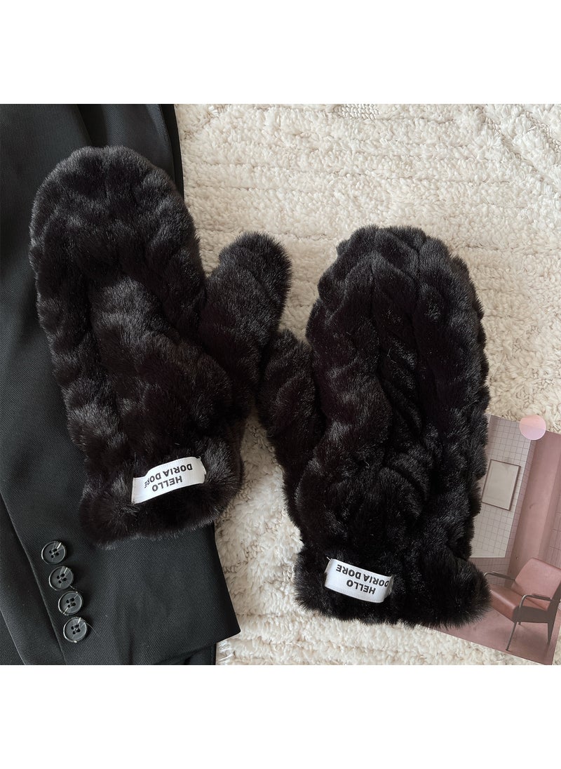 New Autumn Winter Plush Fashion Gloves for Women Black braid with fingers