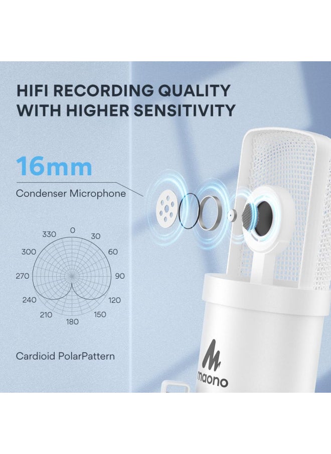 MAONO USB Microphone, 192kHz/24bit Plug & Play PC Computer Podcast Condenser Cardioid Metal Mic Kit with Professional Sound Chipset for Recording, Gaming, Singing, YouTube, AU-A04 White