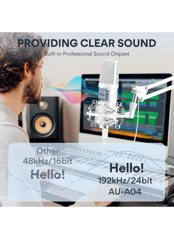 MAONO USB Microphone, 192kHz/24bit Plug & Play PC Computer Podcast Condenser Cardioid Metal Mic Kit with Professional Sound Chipset for Recording, Gaming, Singing, YouTube, AU-A04 White