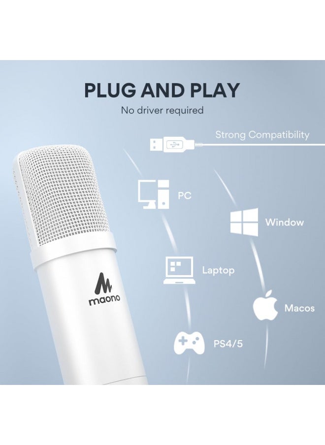 MAONO USB Microphone, 192kHz/24bit Plug & Play PC Computer Podcast Condenser Cardioid Metal Mic Kit with Professional Sound Chipset for Recording, Gaming, Singing, YouTube, AU-A04 White