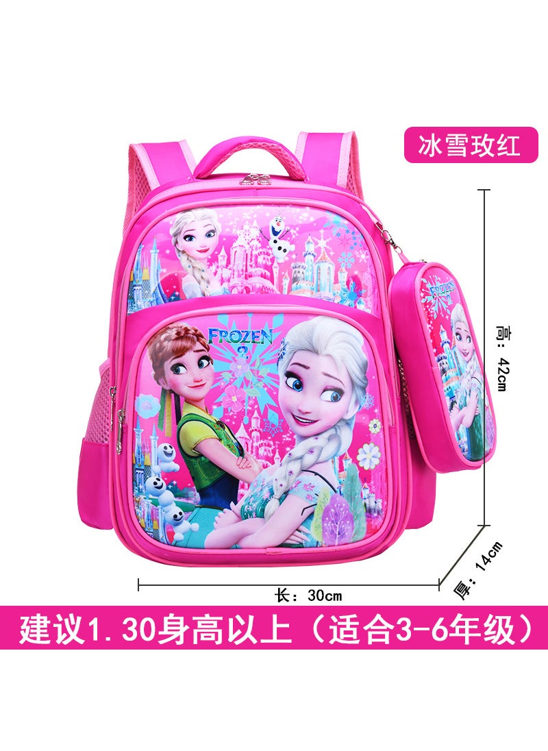 Primary school student schoolbag Grade 1-3 boys and girls cartoon cute burden reduction lightweight spine protection children pencil case backpack Double ice and snow (large)