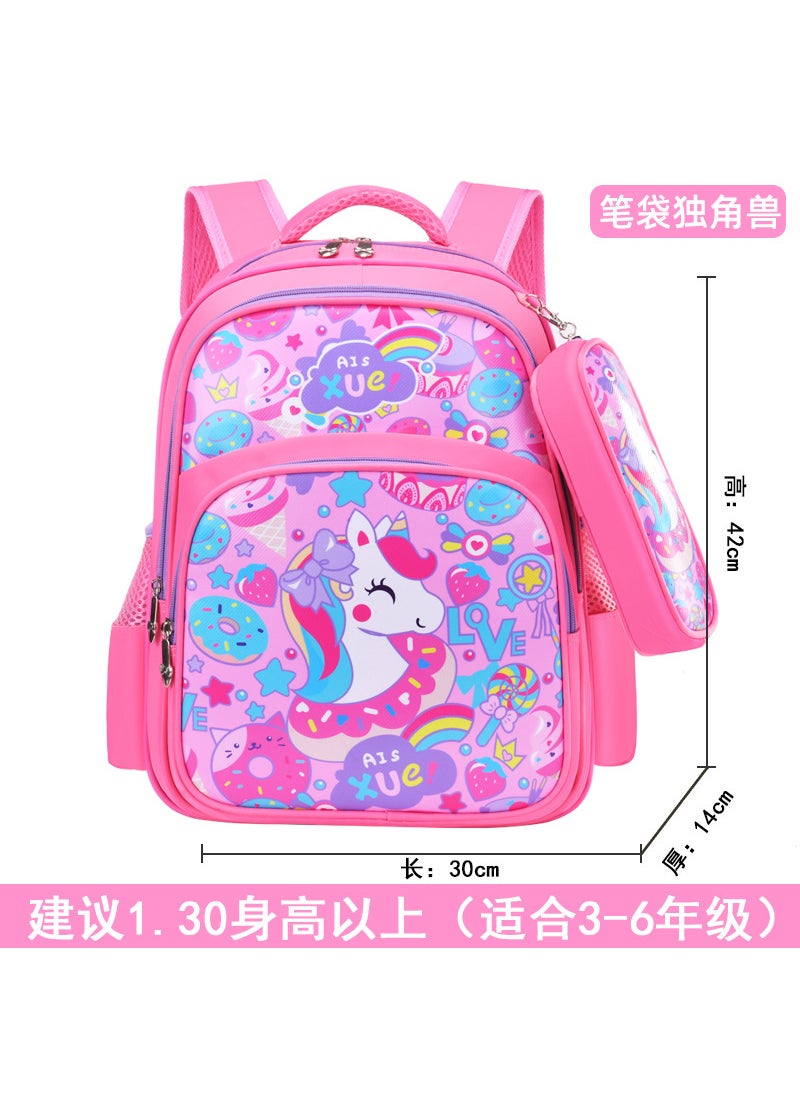 Primary school student schoolbag Grade 1-3 boys and girls cartoon cute burden reduction lightweight spine protection children pencil case backpack Unicorn (large)