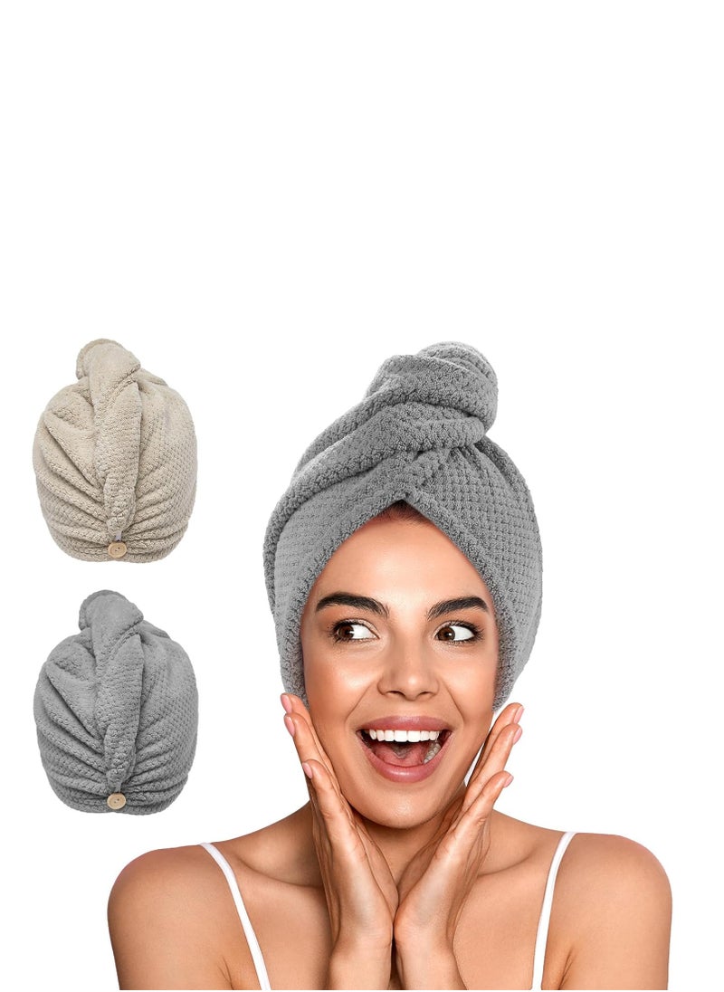 YFONG 2 Pack Microfiber Hair Towel Wrap for Women, Super Absorbent Quick Dry Hair Turban for All Hair Style Anti Frizz, Large Hair Drying Towel with Button