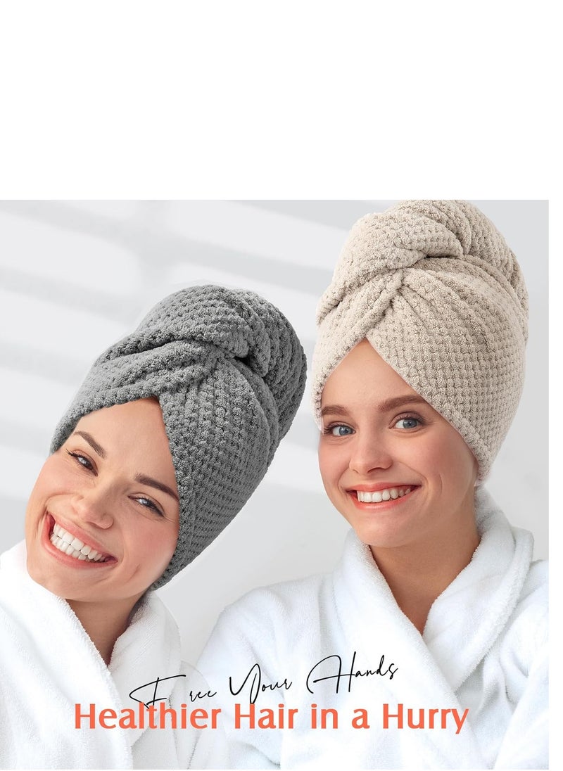 YFONG 2 Pack Microfiber Hair Towel Wrap for Women, Super Absorbent Quick Dry Hair Turban for All Hair Style Anti Frizz, Large Hair Drying Towel with Button