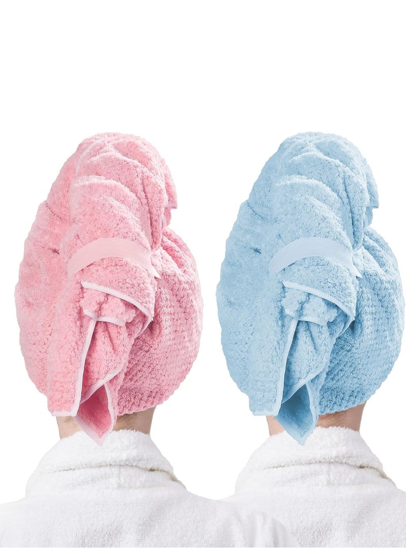 Microfiber Hair Towel Wrap for Women 2 Pack, Soft Hair Drying Towel Anti Frizz with Elastic Strap, Ultra Absorbent Drying Hair Turbans for Curly, Wet Hair, Long, Thick Hair