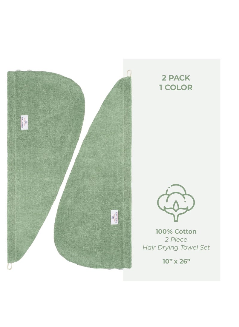 American Soft Linen 100% Cotton Hair Towels for Women, Head Towel Cap, Cotton Hair Turban Towel Wrap for Long Curly Anti Frizz Hair, Soft and Absorbent Cotton Hair Towels 2 Pack, Sage Green