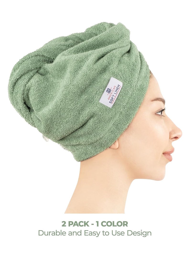 American Soft Linen 100% Cotton Hair Towels for Women, Head Towel Cap, Cotton Hair Turban Towel Wrap for Long Curly Anti Frizz Hair, Soft and Absorbent Cotton Hair Towels 2 Pack, Sage Green