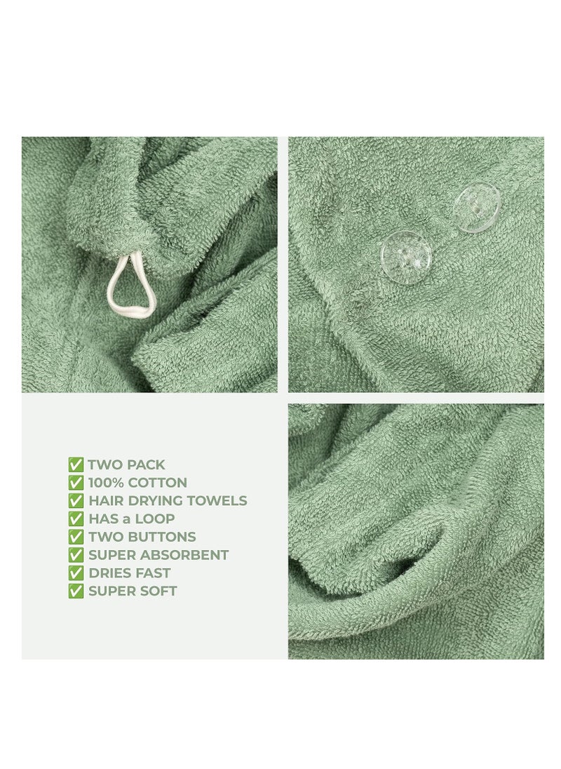 American Soft Linen 100% Cotton Hair Towels for Women, Head Towel Cap, Cotton Hair Turban Towel Wrap for Long Curly Anti Frizz Hair, Soft and Absorbent Cotton Hair Towels 2 Pack, Sage Green