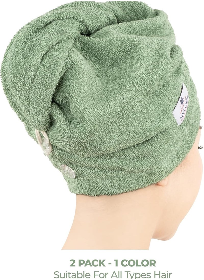 American Soft Linen 100% Cotton Hair Towels for Women, Head Towel Cap, Cotton Hair Turban Towel Wrap for Long Curly Anti Frizz Hair, Soft and Absorbent Cotton Hair Towels 2 Pack, Sage Green