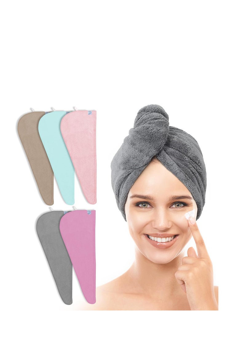 TENSTARS 5 Pack Thicken Microfiber Hair Towel Wrap for Women - ELASTIC LOOP DESIGN - 320GSM Coral Velvet - Quick Dry Hair Turban - 11x28 Inch (Grey+Pink+Brown+FrozenBlue+FrozenBerry)